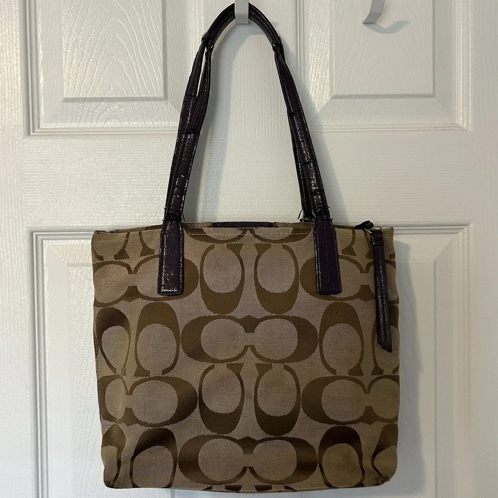 Coach Signature Stripe Satchel With Patent‎ Leather Trim Purple Bag